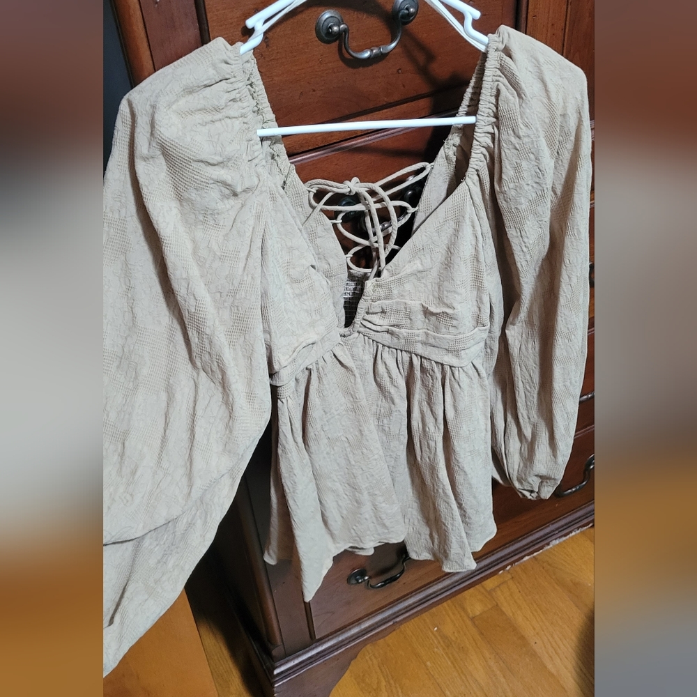 Tan Mustard Seed Boutique Lace Up Top
